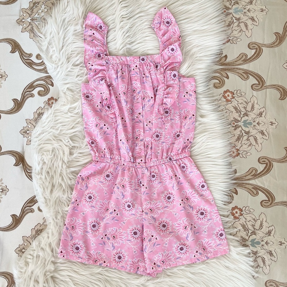 Gap Girls Jumper Pink Floral Print Pattern Ruffled Buttoned Top EUC Size XL